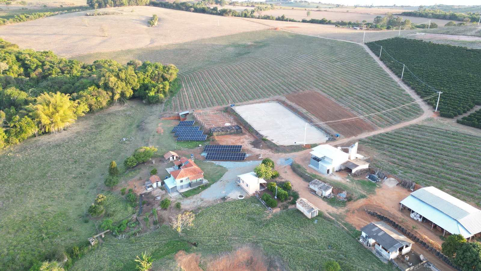 Vista aérea da sede da Fazenda Goiabas: terreiro de secagem, galpão de torra e lavoura